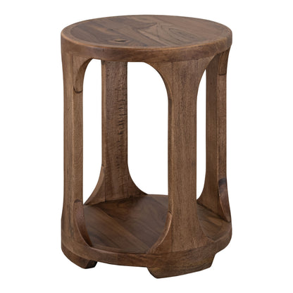 Eray Chairside Table, Drum Shape, Light Brown Teak, Mango Wood, 18 In