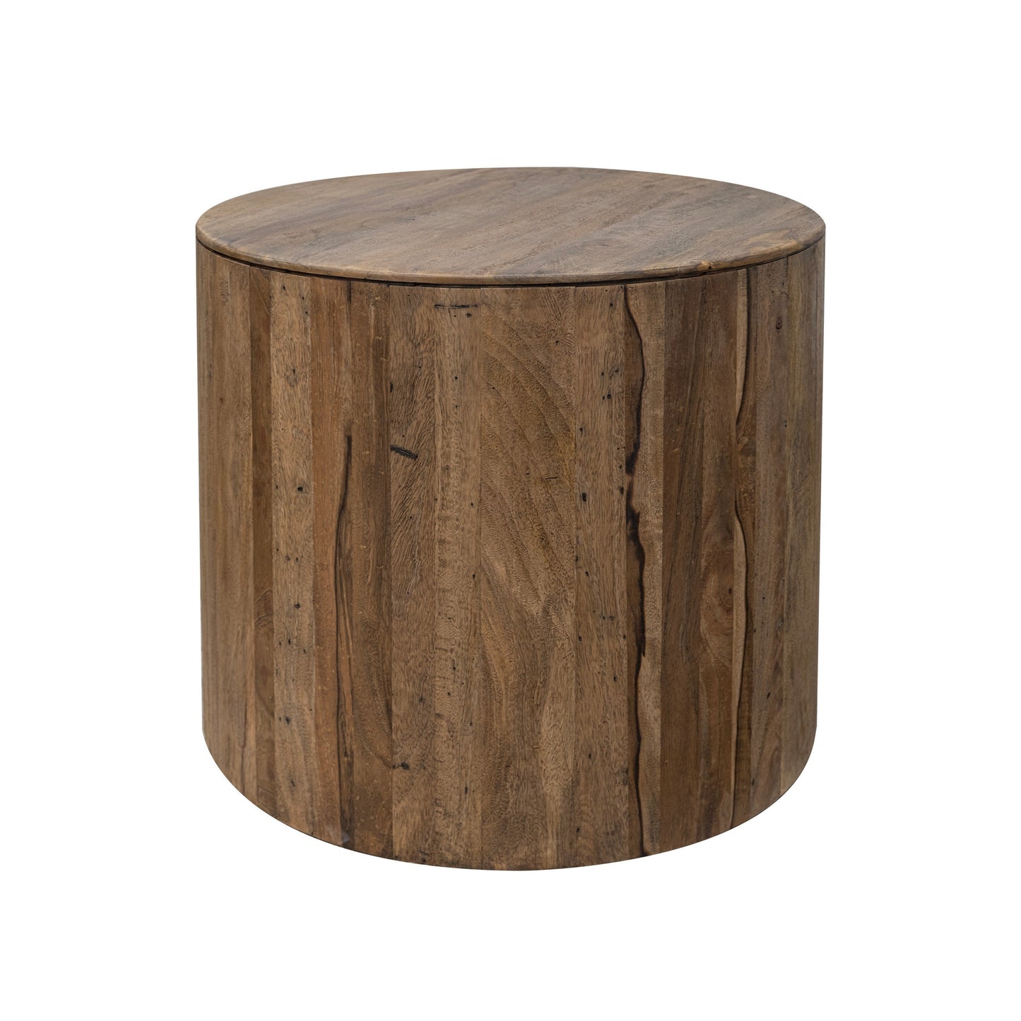 Eray Side End Table, Drum Shape Light Brown Teak, Mango Wood, 24 Inch
