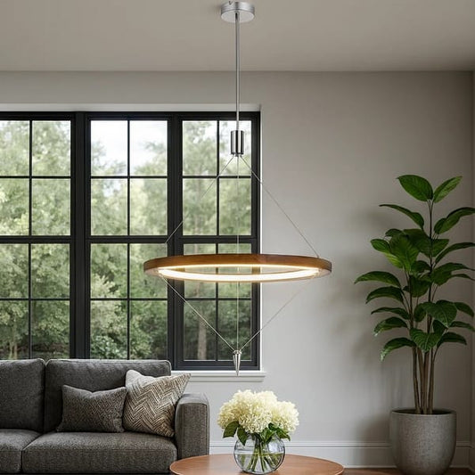 Erbo 11 Inch Pendant Light Fixture, Dimmable LED, Pine Wood and Chrome