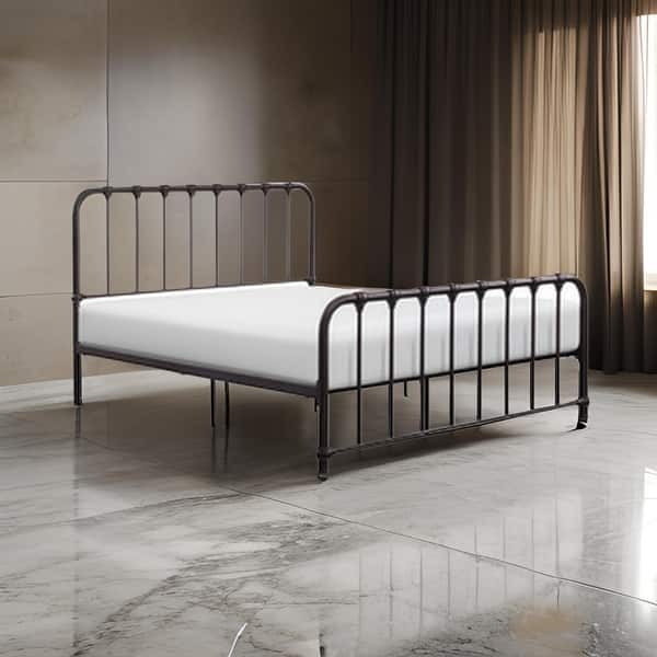 Ethan Queen Size Bed, Classic Open Slatted Metal Frame Design, Dark Bronze