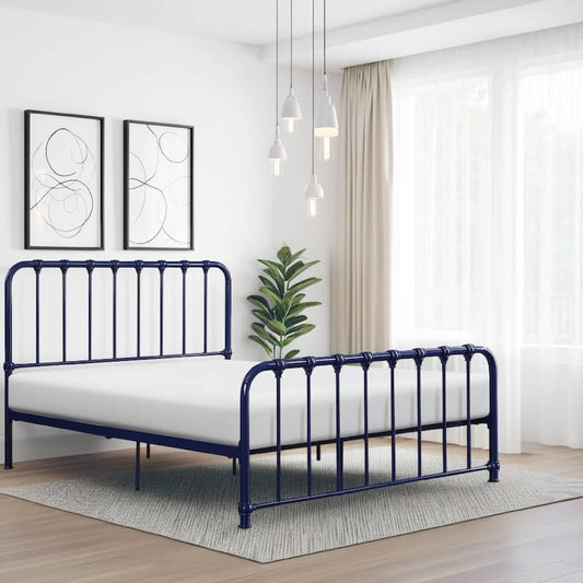 Ethan Full Size Metal Bed, Blue Spindle Design, Heavy Duty Slat Support