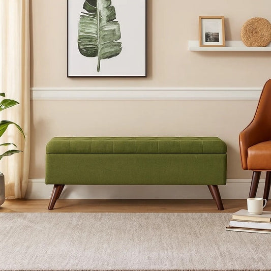 Eva Storage Bench Ottoman, Olive Green Woven Polyester, Brown, 48 Inch