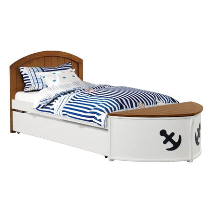 Evon Twin Captain Bed w Trundle, White, Oak Brown, Nautical Coastal Theme