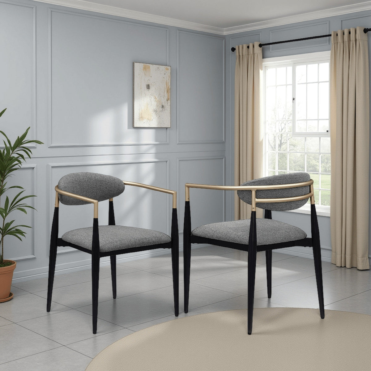 Exis Dining Armchair Set of 2, Modern Beige Fabric, Sleek Metal – Grey