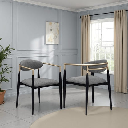 Exis Dining Armchair Set of 2, Modern Gray Fabric, Sleek Black Metal