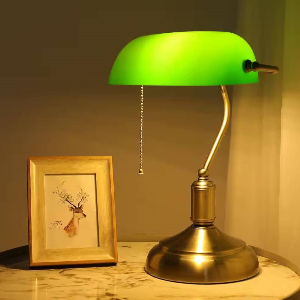 Antique Brass Bankers Lamp Desk Light Table Lamp with Green Glass Shade — Chic Home-Decor