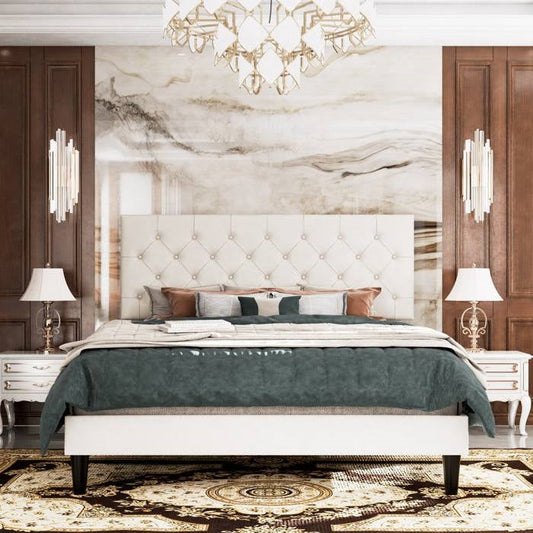 Full White Faux Leather Upholstered Platform Bed with Button-Tufted Headboard — Chic Home-Decor