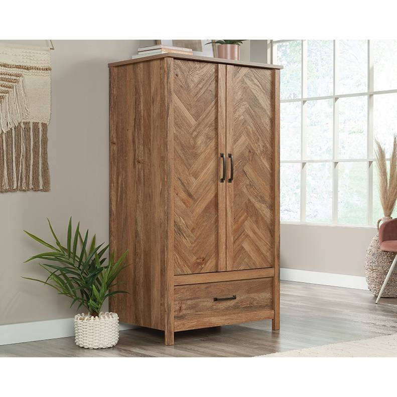 FarmHouse Rustic Herringbone 1 Drawer Garment Rod Wardrobe Armoire — Chic Home-Decor