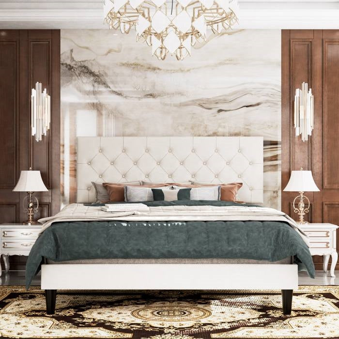 Queen White Faux Leather Upholstered Platform Bed with Button-Tufted Headboard — Chic Home-Decor