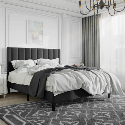 Velvet Upholstered Platform Bed Frame with Headboard – Black