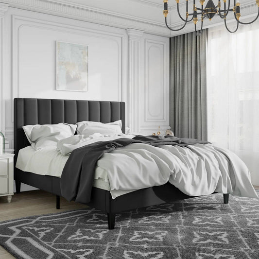 Full size Black Velvet Upholstered Platform Bed Frame with Headboard — Chic Home-Decor