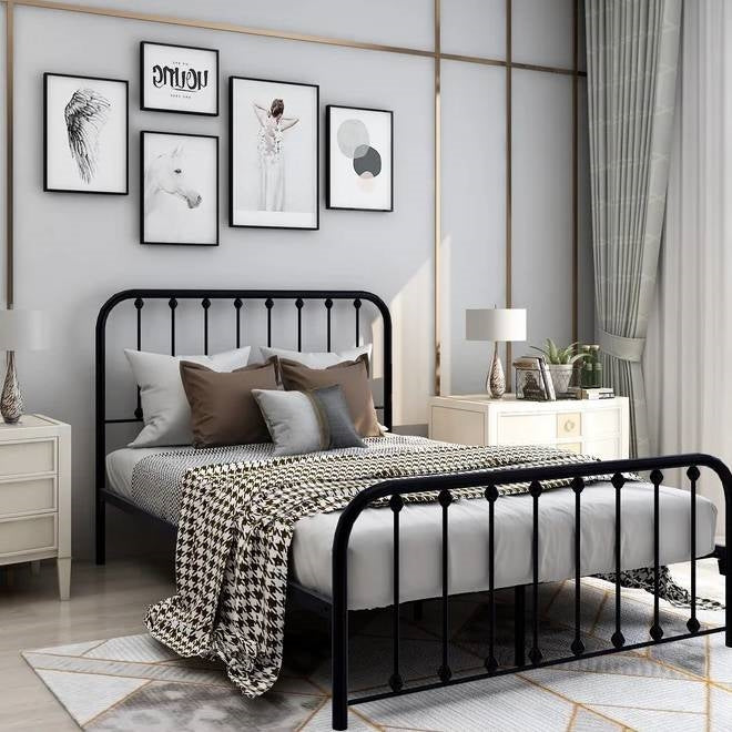 Full size Classic Black Metal Bed Frame with Slatted Headboard and Footboard — Chic Home-Decor