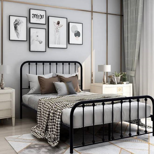 Full size Classic Black Metal Bed Frame with Slatted Headboard and Footboard — Chic Home-Decor