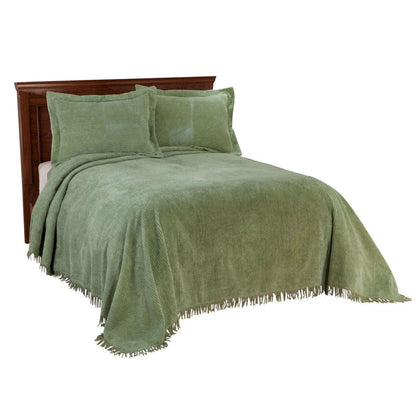 Full size Sage Green Cotton Chenille Bedspread with Fringe Edge