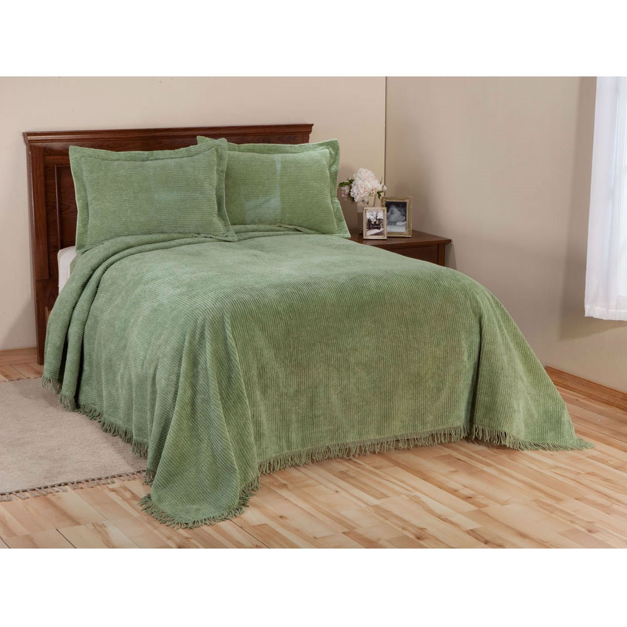 Full size Sage Green Cotton Chenille Bedspread with Fringe Edge