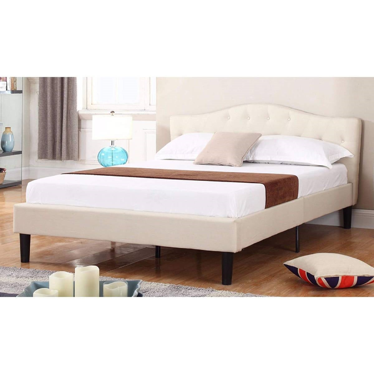 Full size Modern Classic Upholstered Platform Bed with Ivory Linen Padded Headboard