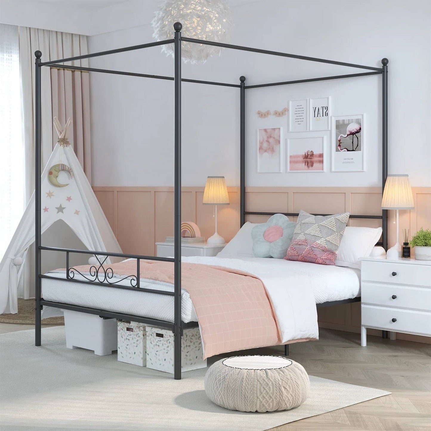 Full size Four Poster French Country Metal Canopy Bed in Black Finish — Chic Home-Decor