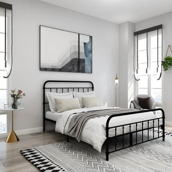 Full size Farmhouse Black Metal Bed Frame with Rounded Headboard Footboard — Chic Home-Decor
