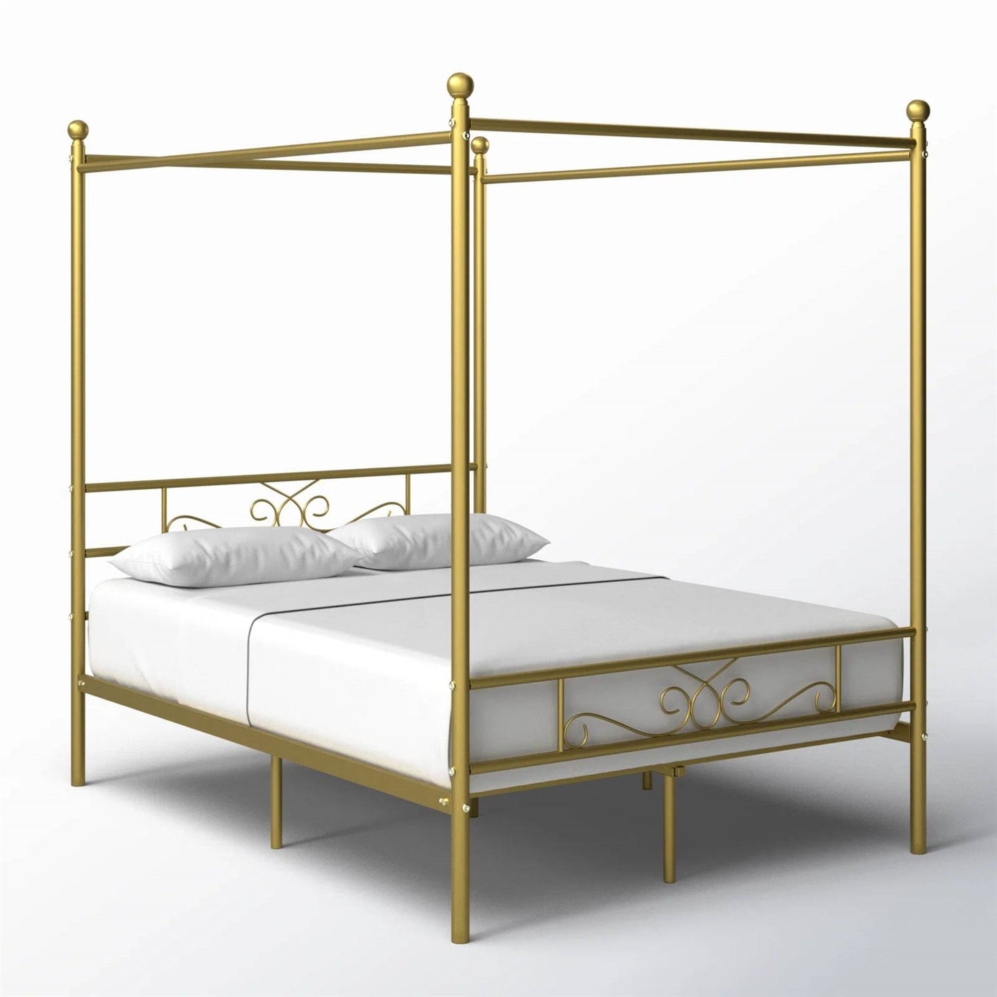 Full size French Country Four Poster Metal Canopy Bed in Gold Finish — Chic Home-Decor
