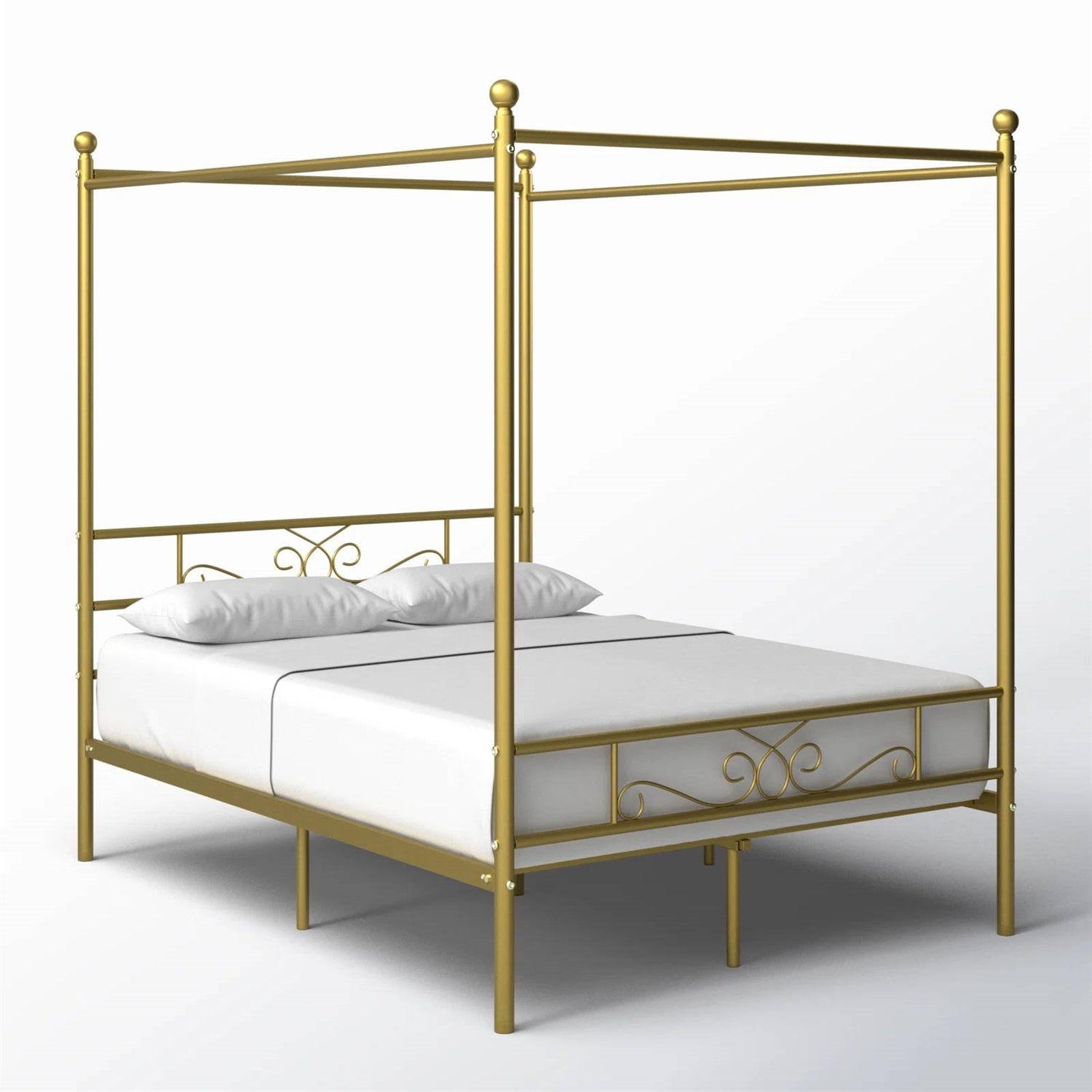 Full size French Country Four Poster Metal Canopy Bed in Gold Finish — Chic Home-Decor