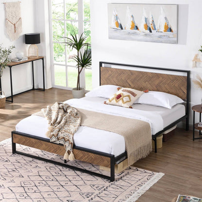 Full size Modern Industrial Metal Platform Bed Frame w/ Wood Headboard Footboard
