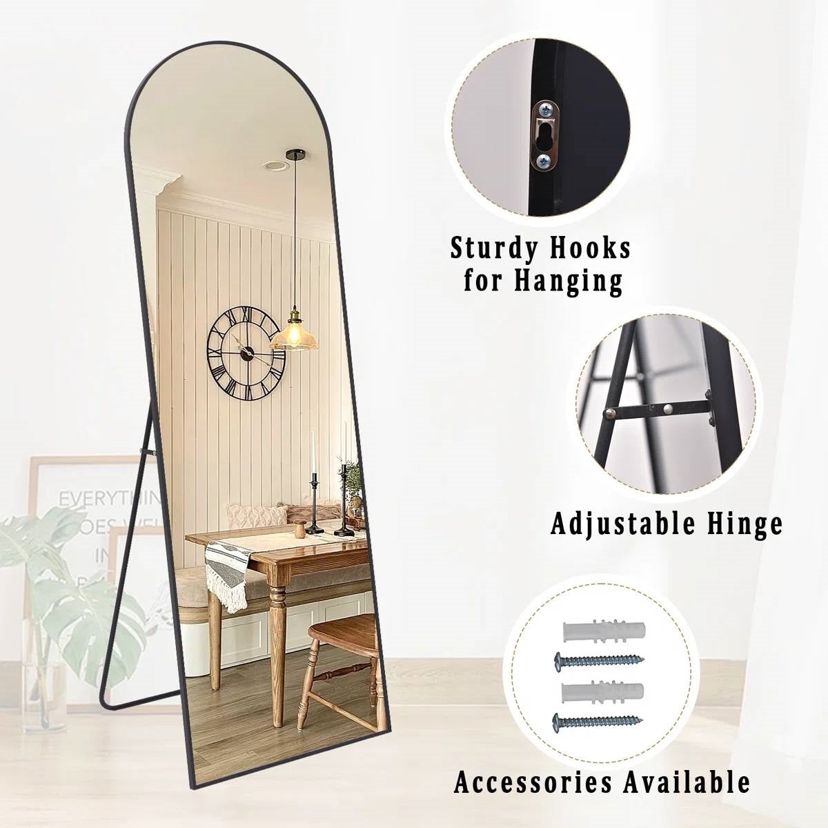 Black 58-inch Full Length Arched Floor Mirror with Stand and Wall Hanging Screws