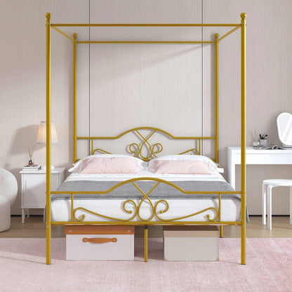 Full size Gold Metal Canopy Bed Frame with 600 lb. Weight Capacity