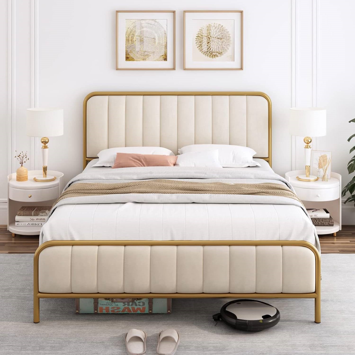 Full size Gold Metal Platform Bed Frame with Off-White Upholstered Headboard — Chic Home-Decor