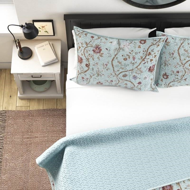 Twin XL 2 Piece Farmhouse Blue Teal Floral Vines Cotton Reversible Quilt Set — Chic Home-Decor
