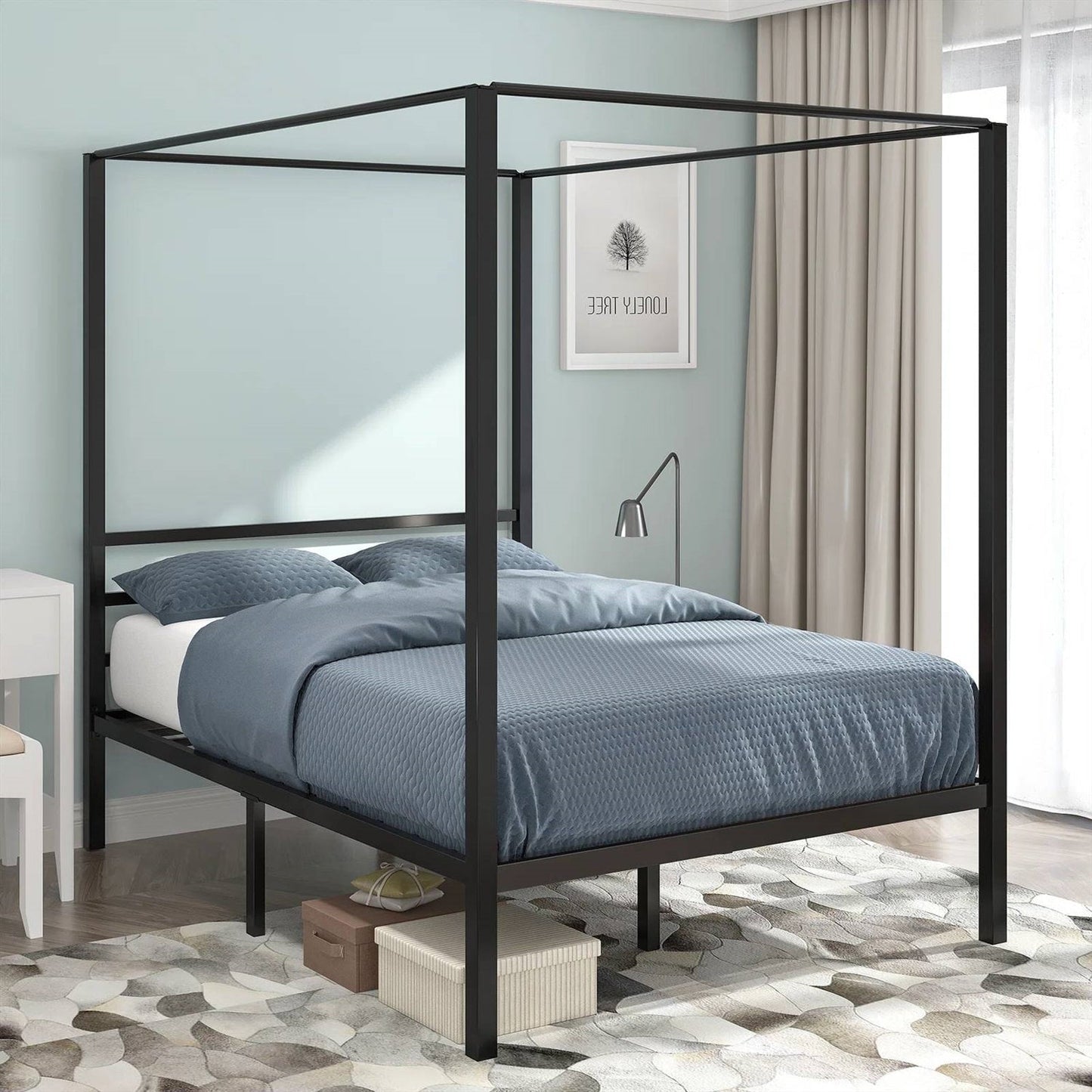Full size Modern Four Poster Metal Canopy Bed in Black Finish — Chic Home-Decor