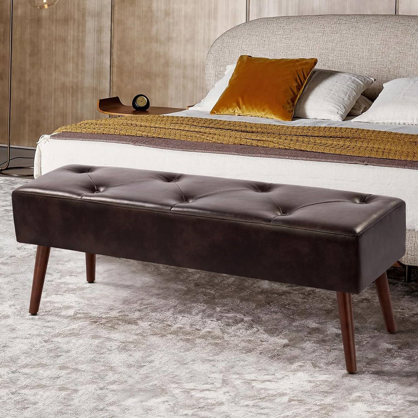 Mid-Century Bed Bench with Dark Brown Leather Upholstered Seat Solid Wood Legs — Chic Home-Decor