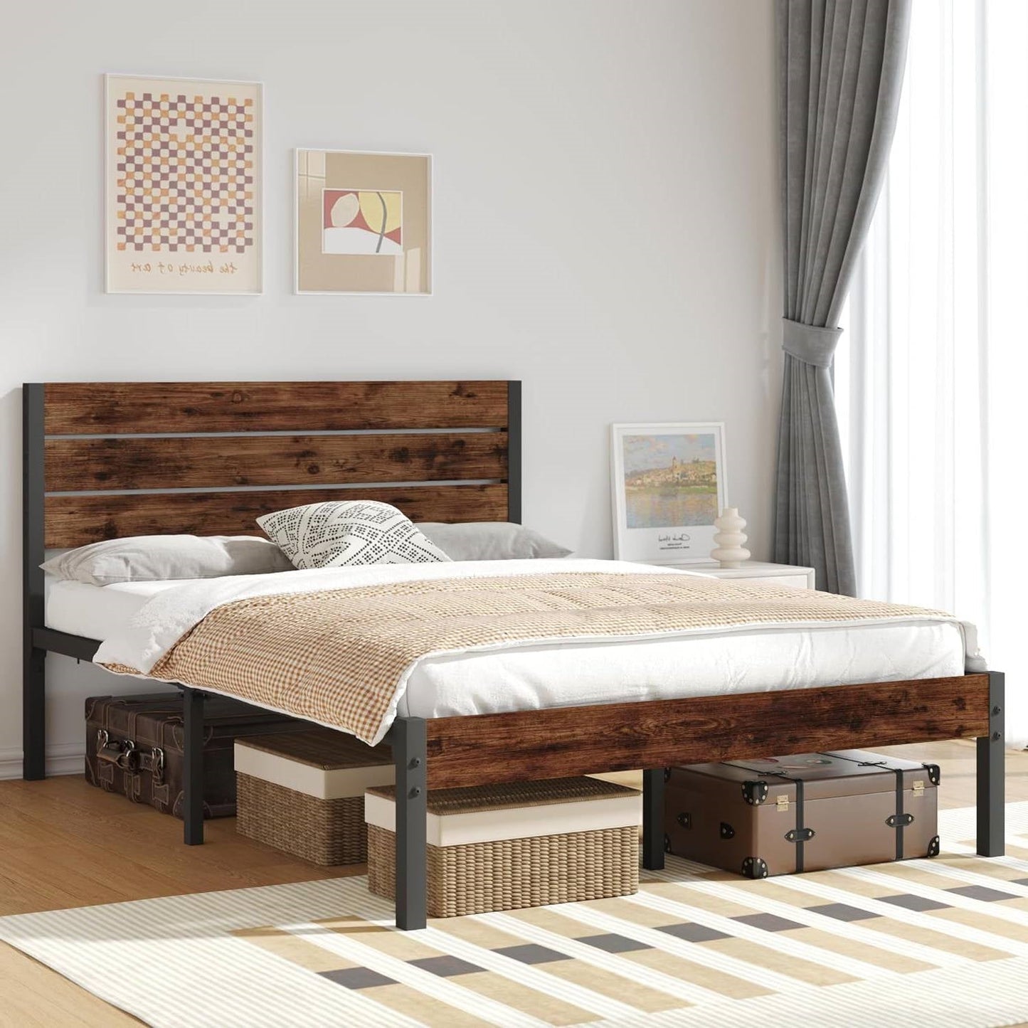 Full size Modern Farmhouse Metal Platform Bed Frame with Brown Wood Headboard — Chic Home-Decor
