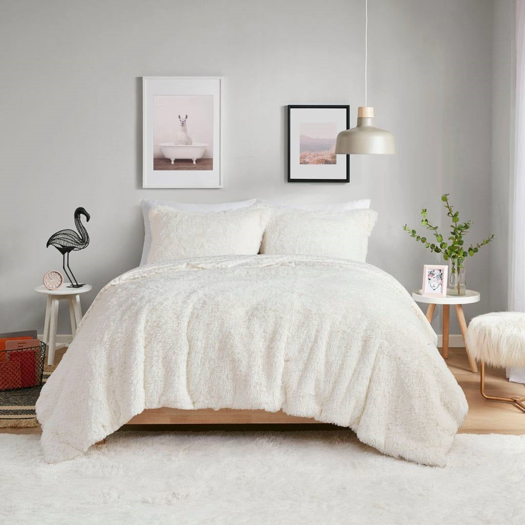 Full/Queen size Reversible Soft Sherpa Faux Fur 3-Piece Comforter Set in Ivory — Chic Home-Decor