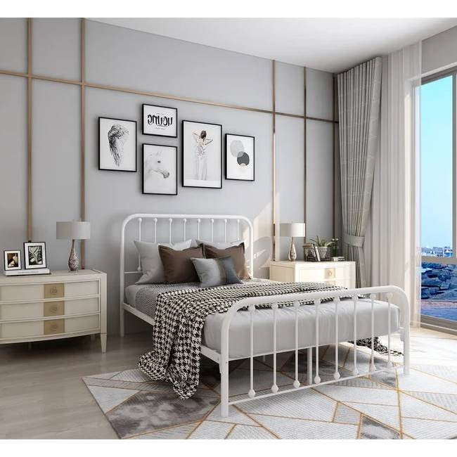 Full size Classic White Metal Bed Frame with Slatted Headboard and Footboard — Chic Home-Decor