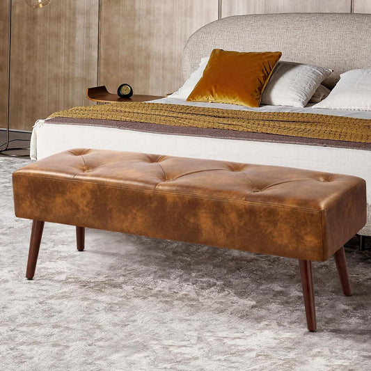 Mid-Century End of Bed Bench with Brown Leather Upholstered Seat Solid Wood Legs — Chic Home-Decor