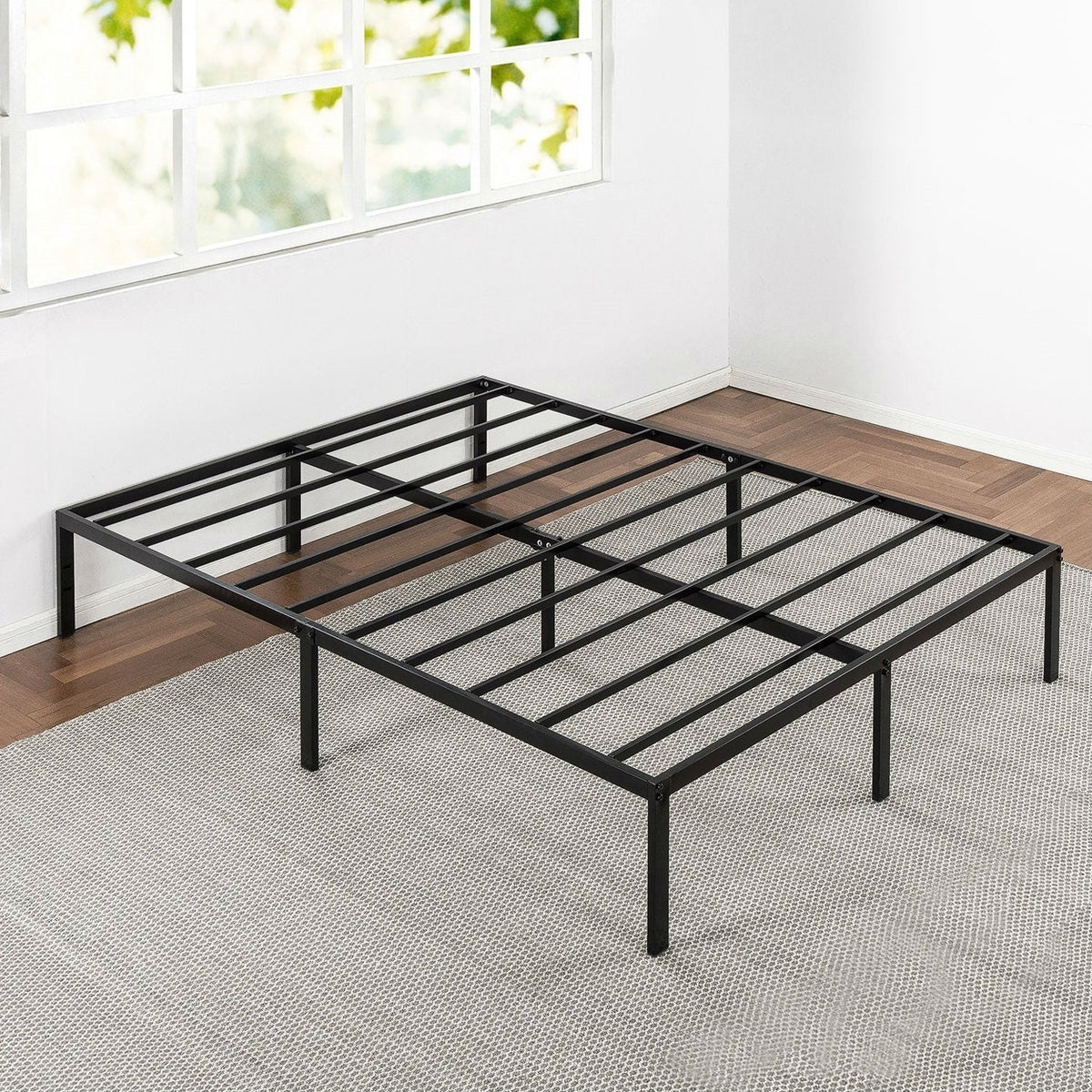 Black Metal Platform Bed Frame with Headboard Attachment Slots