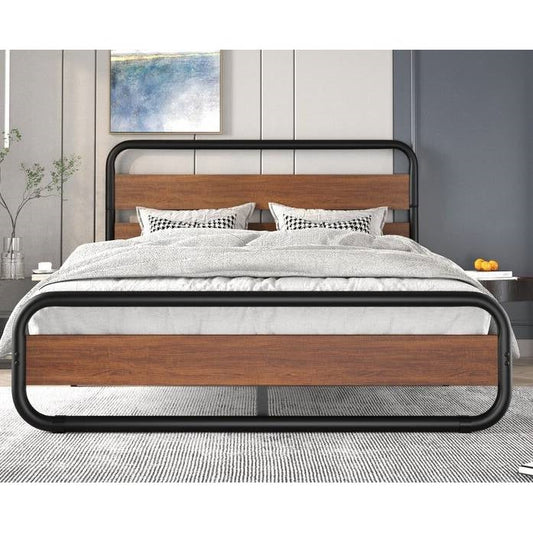 Full Heavy Duty Industrial Modern Metal Wood Platform Bed Frame with Headboard — Chic Home-Decor