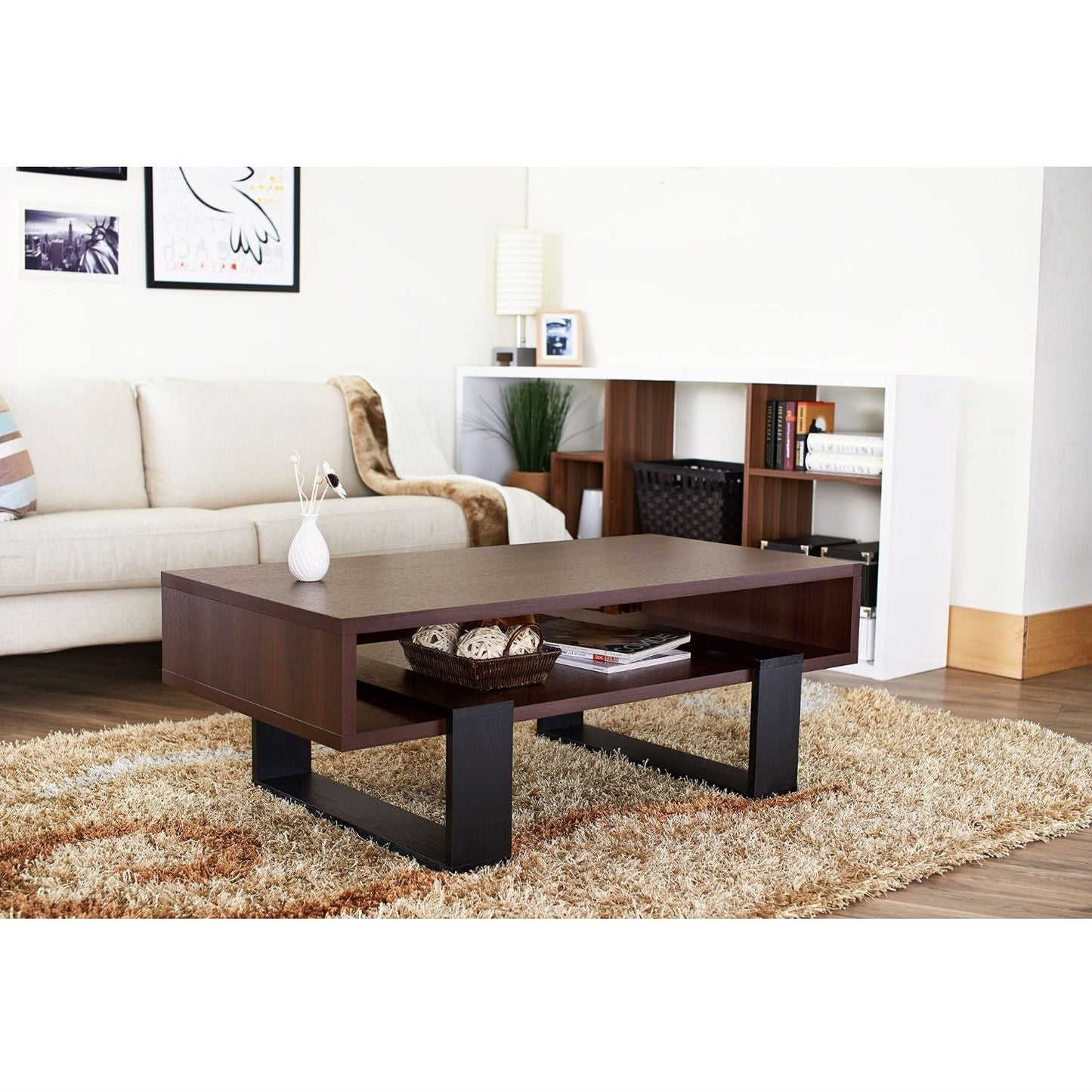Modern Coffee Table in Black and Walnut Brown Finish