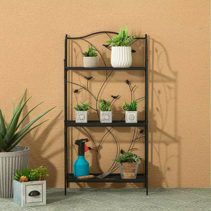 Indoor/Outdoor 3-Tier Black Metal Bookcase Plant Stand Shelving Unit