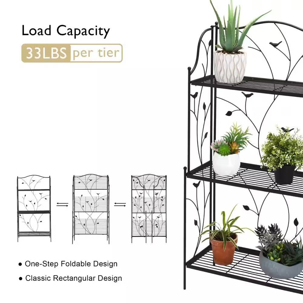 Indoor/Outdoor 3-Tier Black Metal Bookcase Plant Stand Shelving Unit