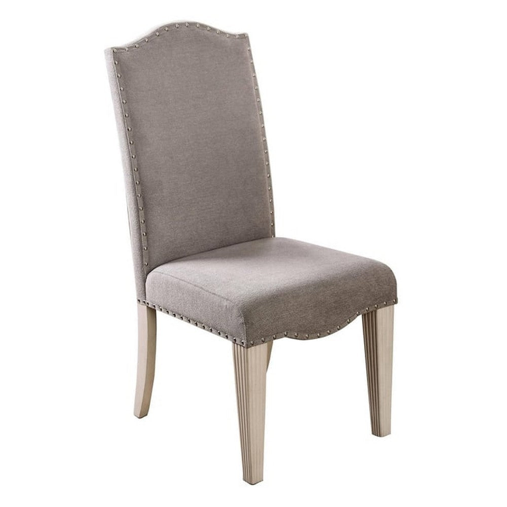 Fabric Upholstered Wooden Side Chair, White And Gray, Pack Of Two