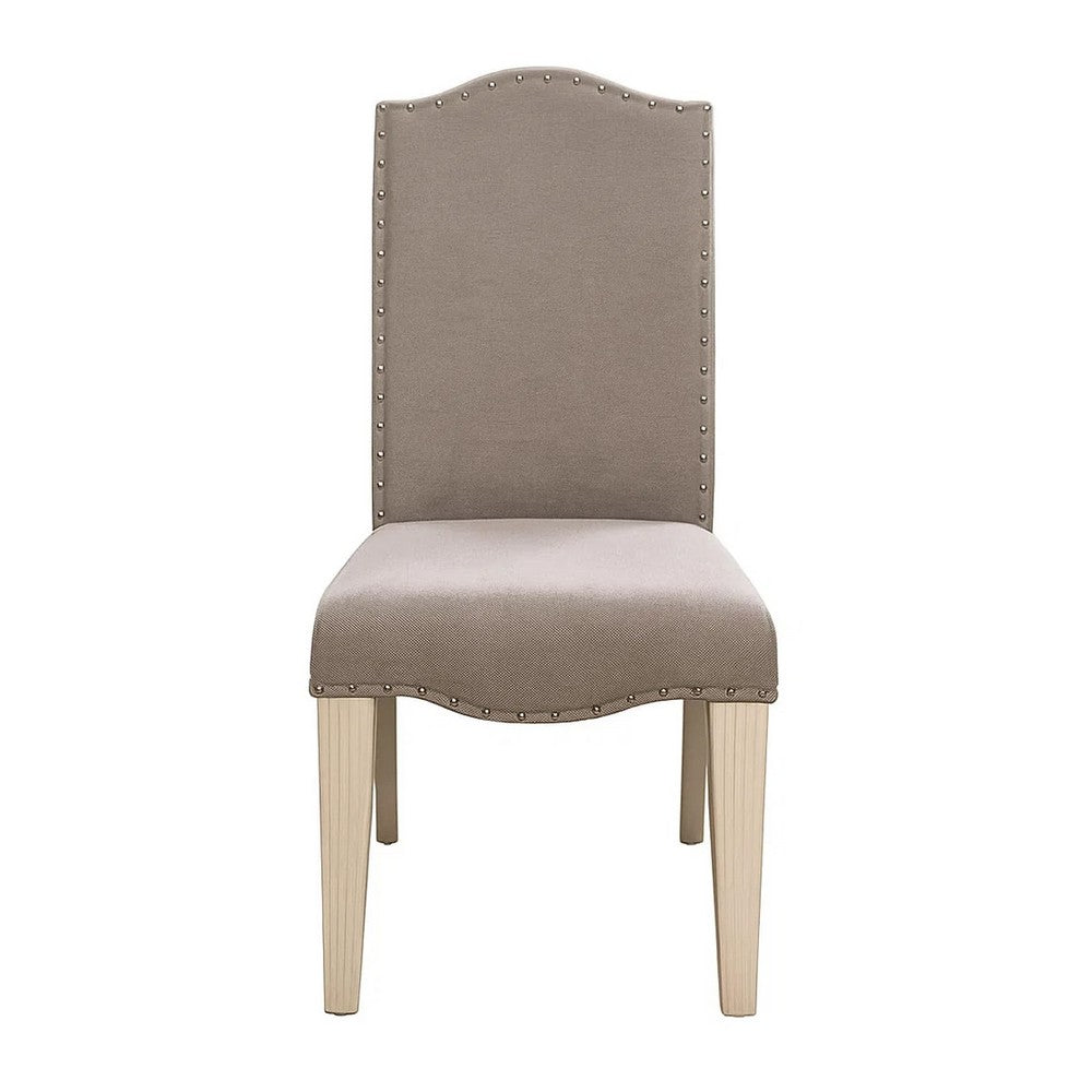 Fabric Upholstered Wooden Side Chair, White And Gray, Pack Of Two