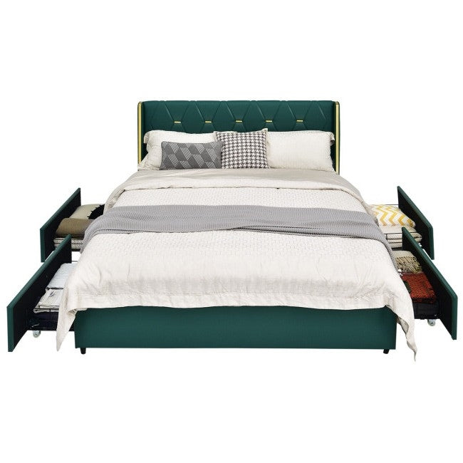 Full Size Green/Gold Linen Headboard 4 Drawer Storage Platform Bed — Chic Home-Decor