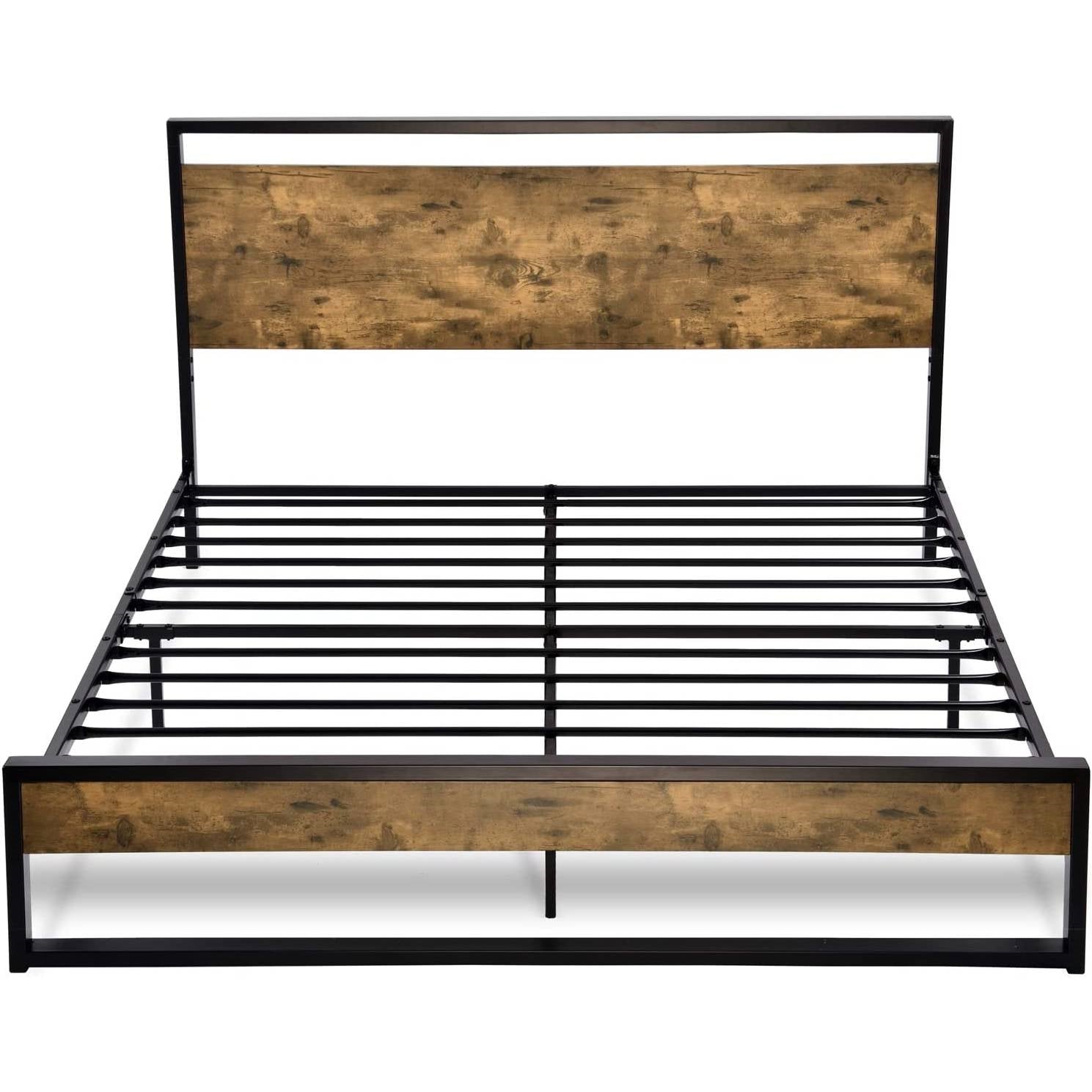 Full size Metal Wood Platform Bed Frame with Industrial Headboard — Chic Home-Decor