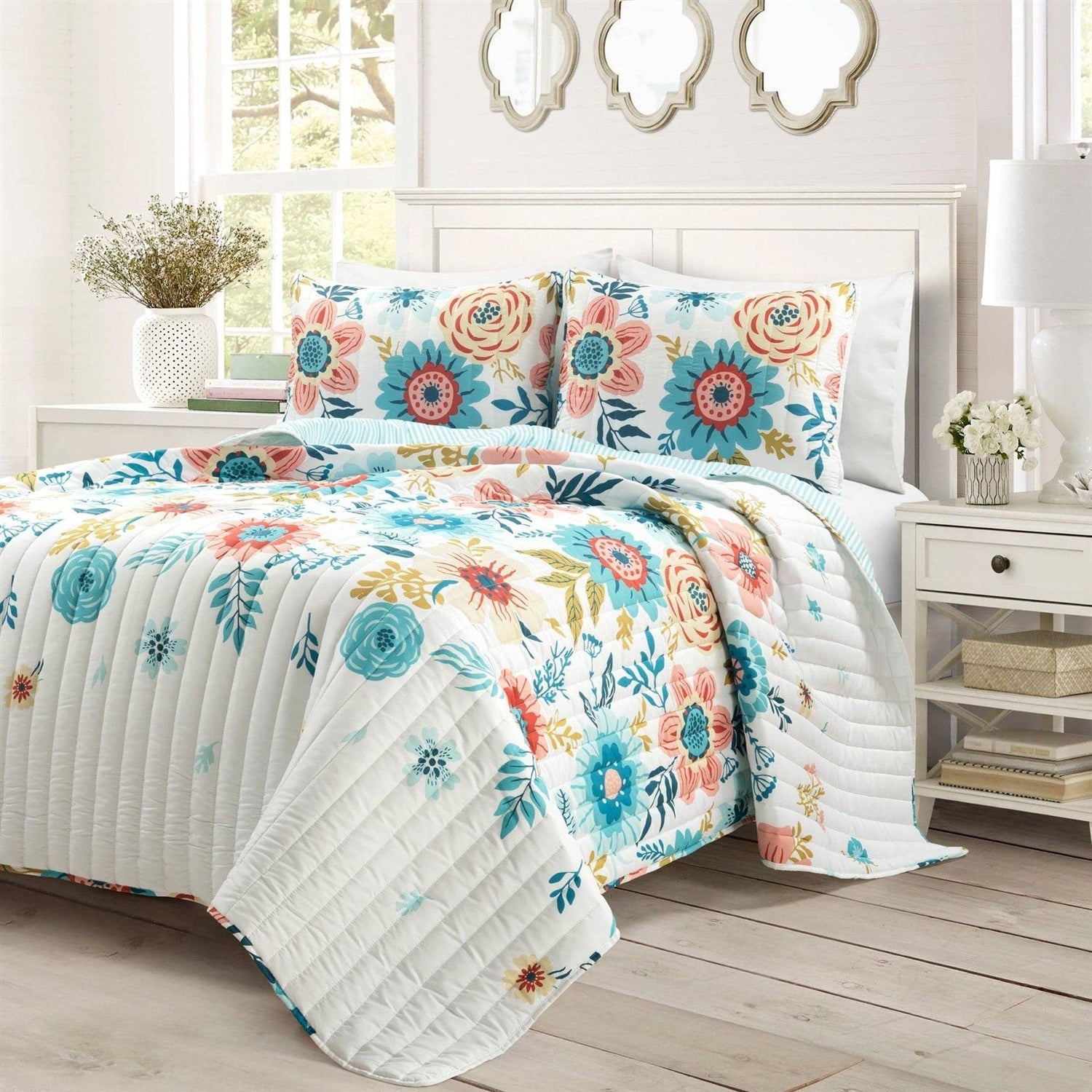 Full/Queen Lightweight Floral Teal Blue Pink White 3-Piece Polyester Quilt Set — Chic Home-Decor