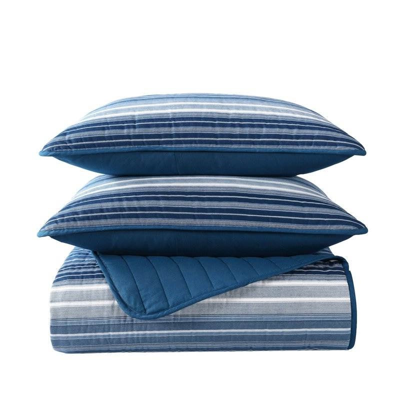 Full/Queen Size Coastal Blue Stripe Reversible Cotton Quilt Set — Chic Home-Decor