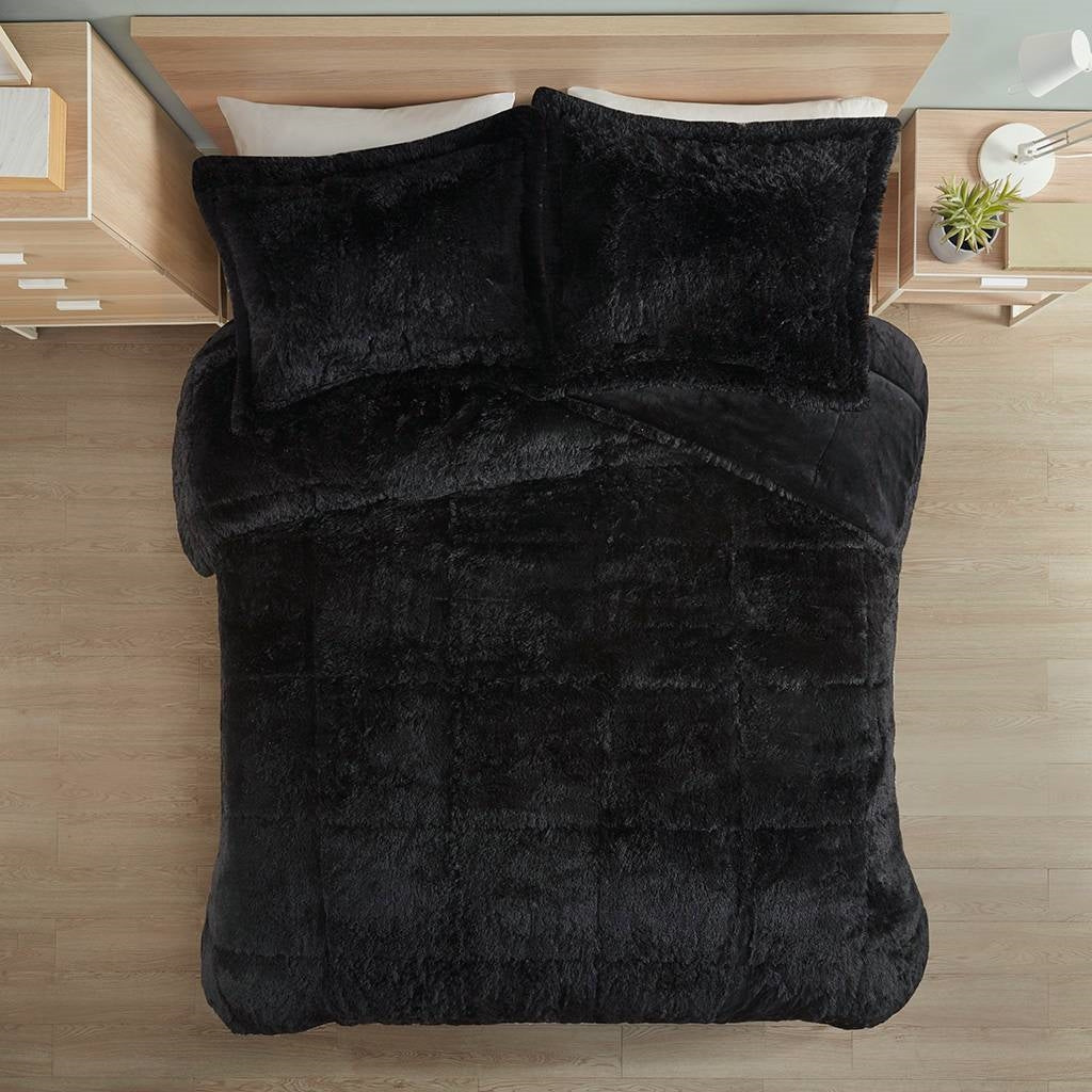 Full/Queen Black Soft Sherpa Faux Fur 3-Piece Comforter Set with Pillow Shams — Chic Home-Decor