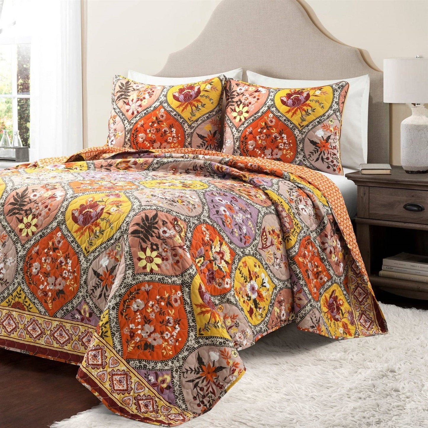 Full/Queen Boho Floral Lightweight Cotton Orange Mauve 3-Piece Quilt Set — Chic Home-Decor