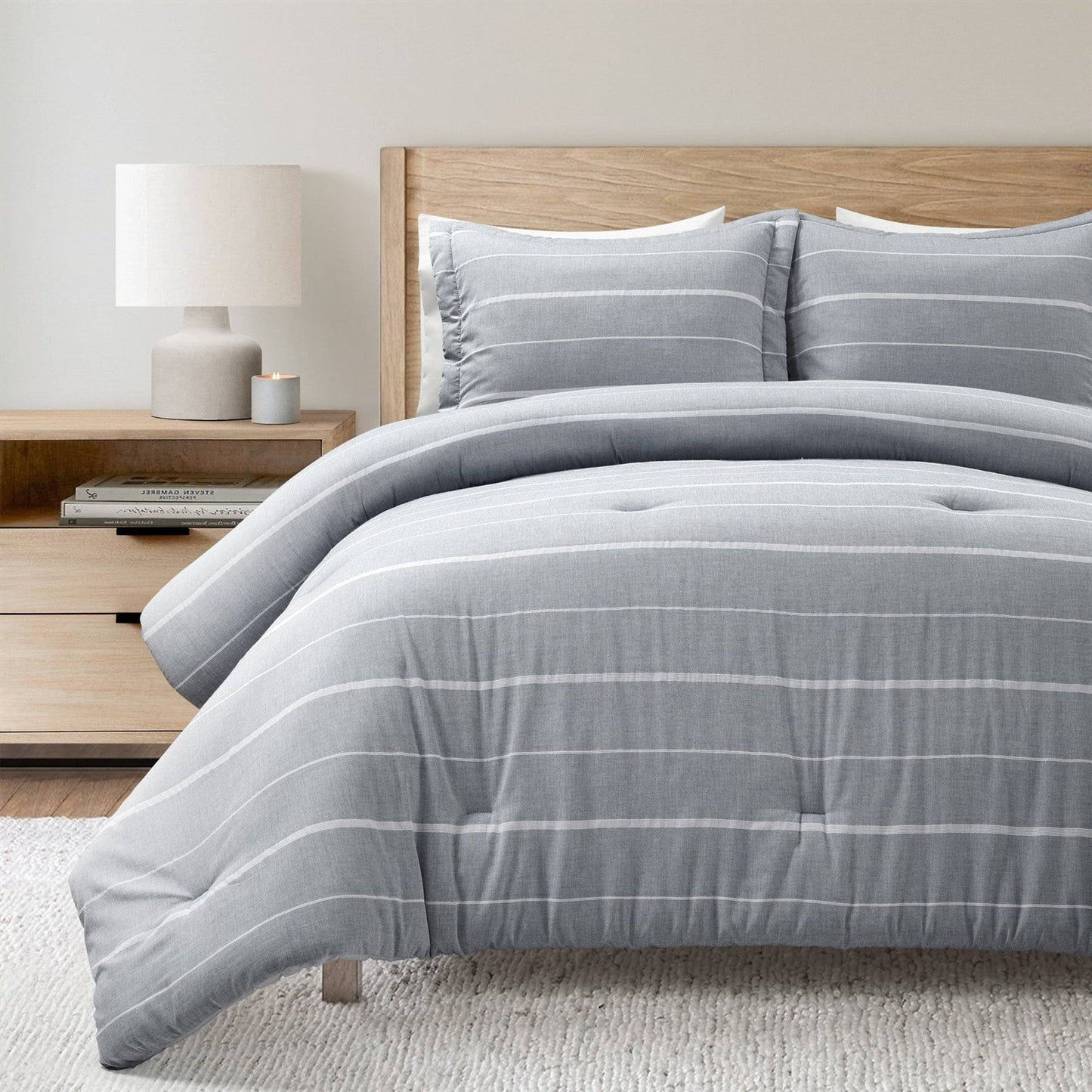 Full/Queen Blue Grey Off-White Stripe 3-Piece Lightweight Comforter Set — Chic Home-Decor