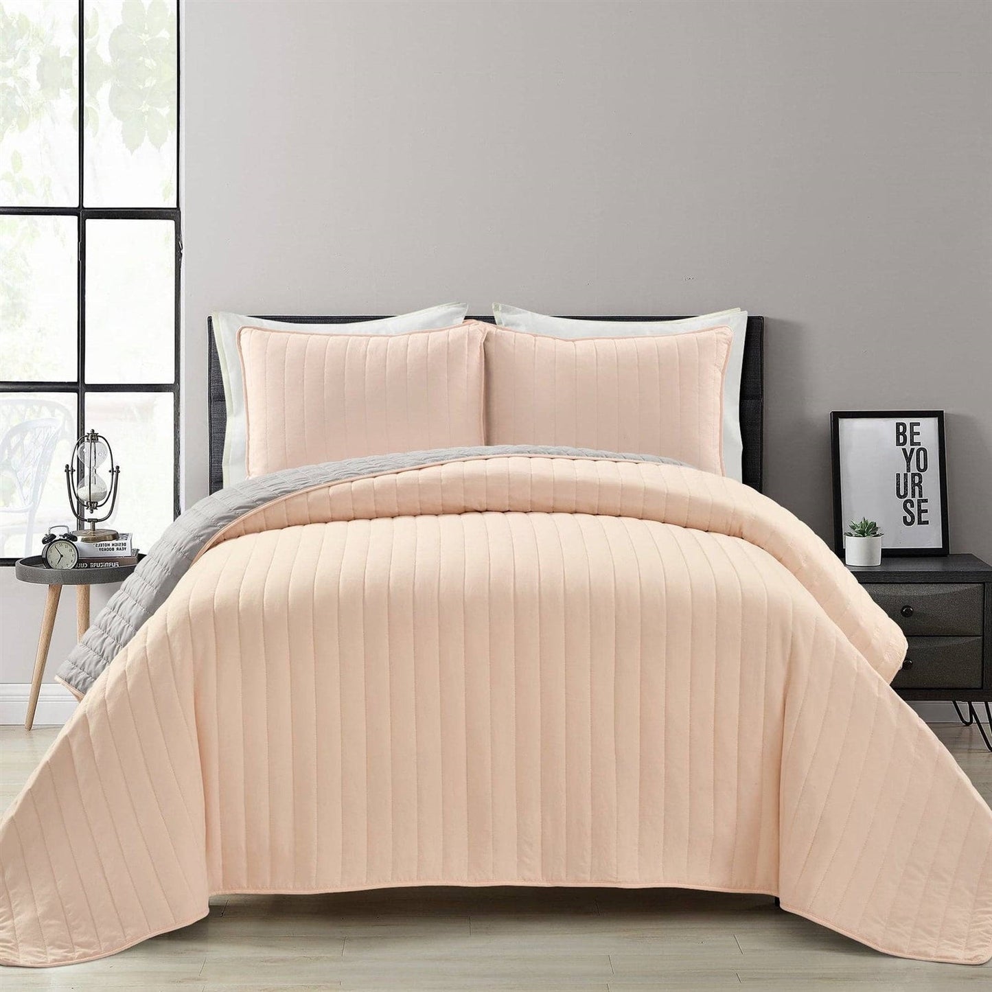 Full/Queen Soft Reversible Lightweight Quilt Set in Rose Blush Pink and Grey — Chic Home-Decor